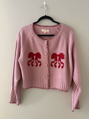Listicle Pink Cardigan with Red Bow Motifs
